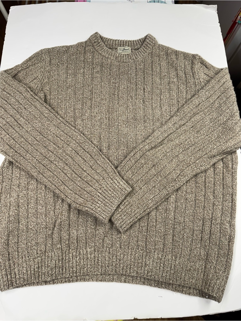 LL Bean Mens XXL Tall 100% Lambswool Crewneck Cable-knit Sweater Fisherman Beige